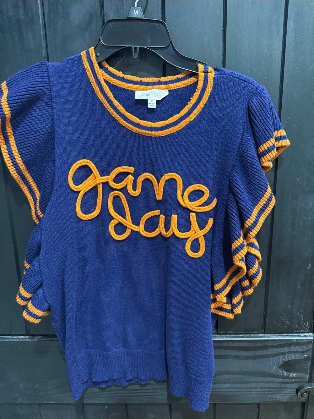 Navy 'Game Day' Short Sleeve Sweater with Orange Trim